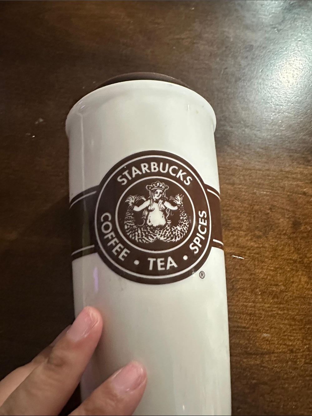 Starbucks White Ceramic Travel Tumbler with Brown Logo Emblem